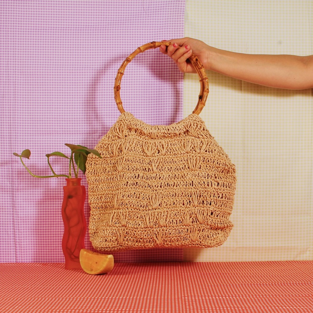 Crotchet Macrame Bamboo Handle Tote Handbag